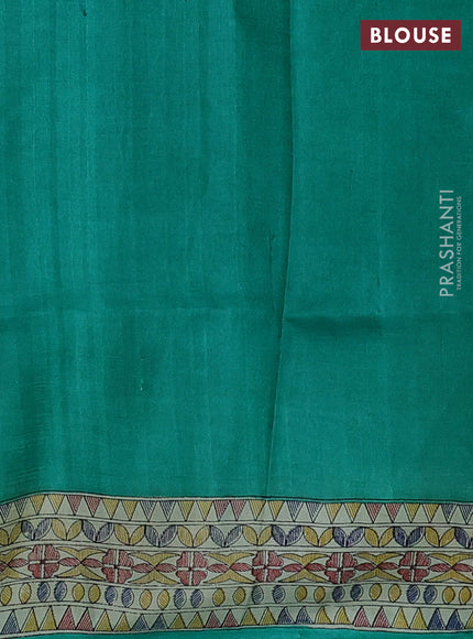 Teal Green & Beige Madhubani Printed Silk Saree