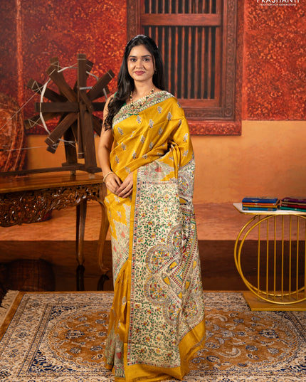 Mustard Yellow & Beige Madhubani Printed Silk Saree