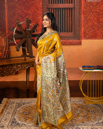 Mustard Yellow & Beige Madhubani Printed Silk Saree