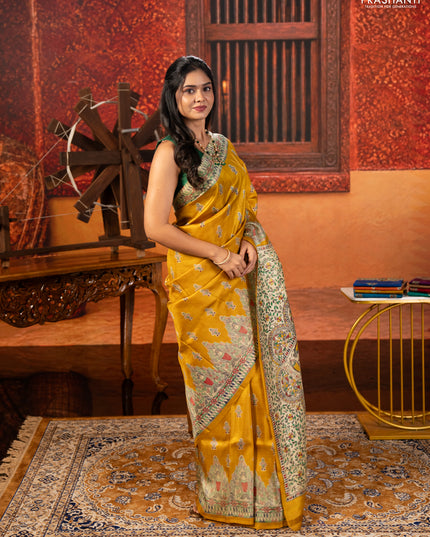 Mustard Yellow & Beige Madhubani Printed Silk Saree