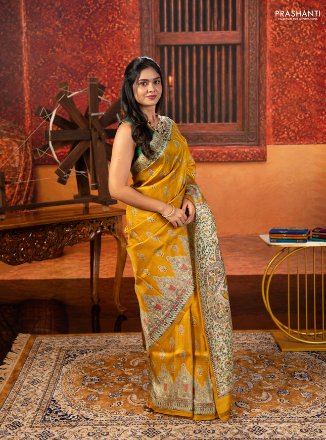 Mustard Yellow & Beige Madhubani Printed Silk Saree