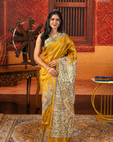 Mustard Yellow & Beige Madhubani Printed Silk Saree