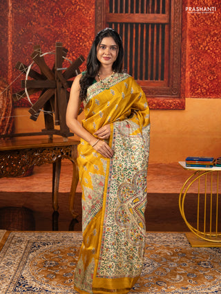 Mustard Yellow & Beige Madhubani Printed Silk Saree