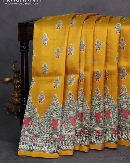 Mustard Yellow & Beige Madhubani Printed Silk Saree