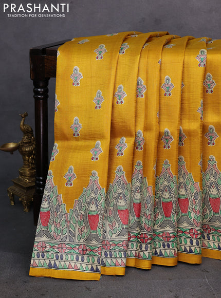 Mustard Yellow & Beige Madhubani Printed Silk Saree