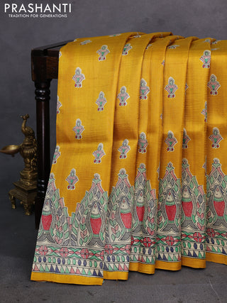 Mustard Yellow & Beige Madhubani Printed Silk Saree