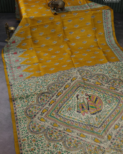 Mustard Yellow & Beige Madhubani Printed Silk Saree
