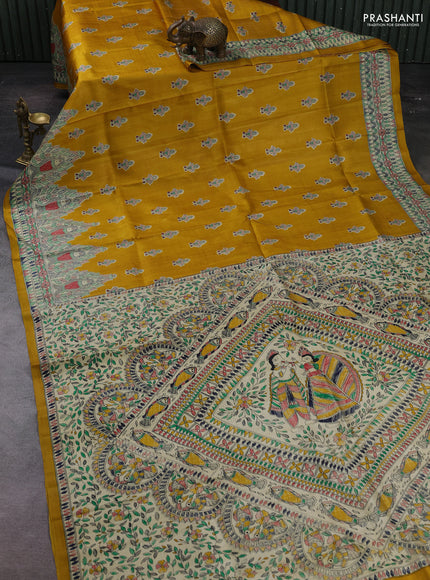 Mustard Yellow & Beige Madhubani Printed Silk Saree