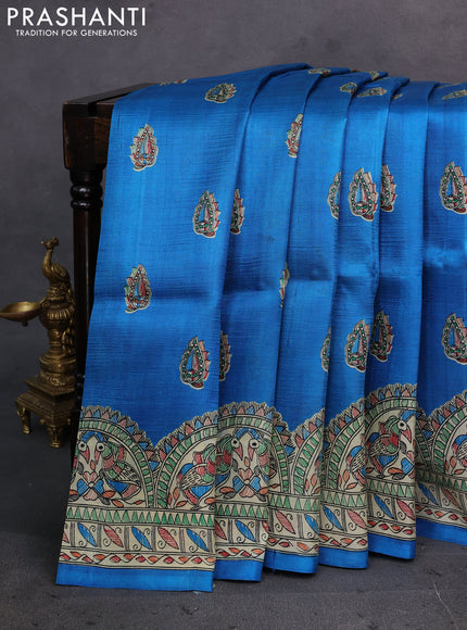 Blue & Beige Madhubani Printed Silk Saree