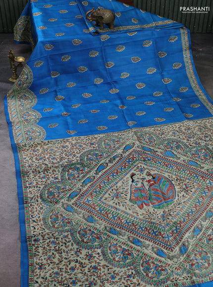 Blue & Beige Madhubani Printed Silk Saree