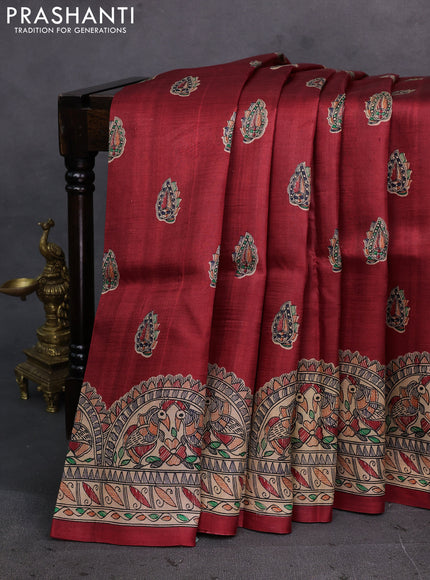 Red & Beige Madhubani Printed Silk Saree