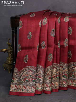 Red & Beige Madhubani Printed Silk Saree