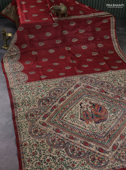 Red & Beige Madhubani Printed Silk Saree