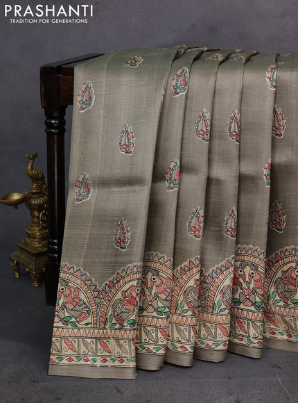 Grey & Beige Madhubani Printed Silk Saree