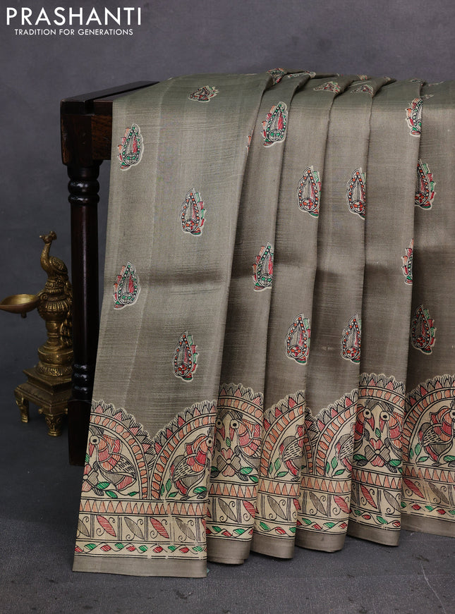 Grey & Beige Madhubani Printed Silk Saree