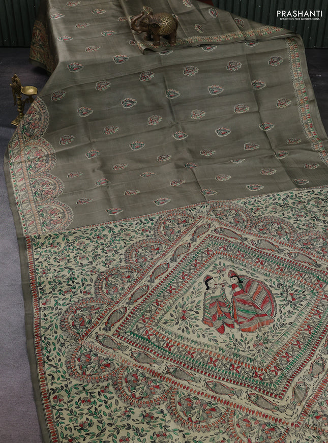 Grey & Beige Madhubani Printed Silk Saree
