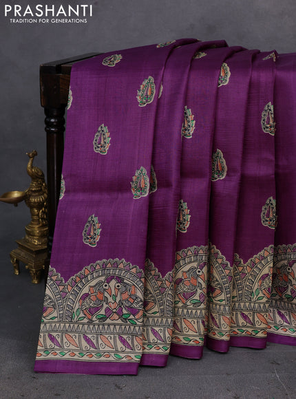 Purple & Beige Madhubani Printed Silk Saree