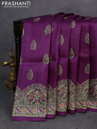 Purple & Beige Madhubani Printed Silk Saree