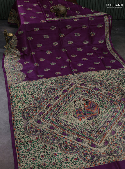 Purple & Beige Madhubani Printed Silk Saree