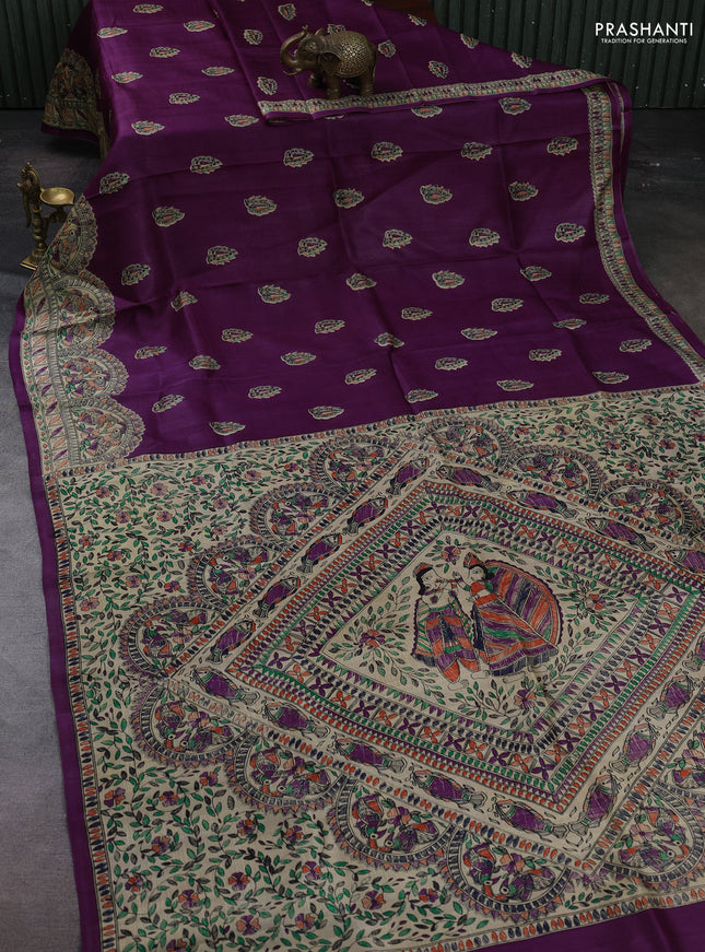 Purple & Beige Madhubani Printed Silk Saree
