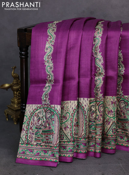 Purple & Beige Madhubani Printed Silk Saree