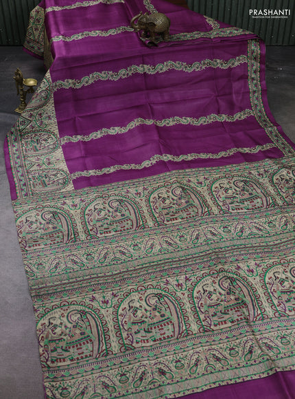 Purple & Beige Madhubani Printed Silk Saree