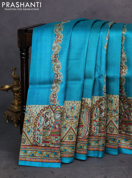 Blue & Beige Madhubani Printed Silk Saree