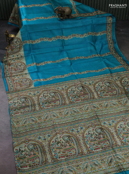 Blue & Beige Madhubani Printed Silk Saree