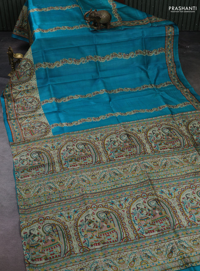 Blue & Beige Madhubani Printed Silk Saree