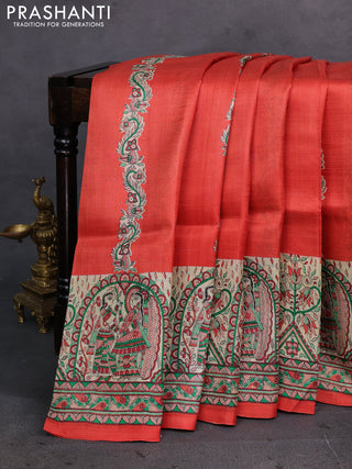 Orange & Beige Madhubani Printed Silk Saree