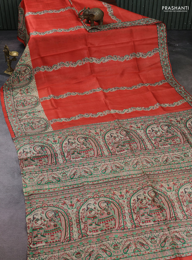 Orange & Beige Madhubani Printed Silk Saree