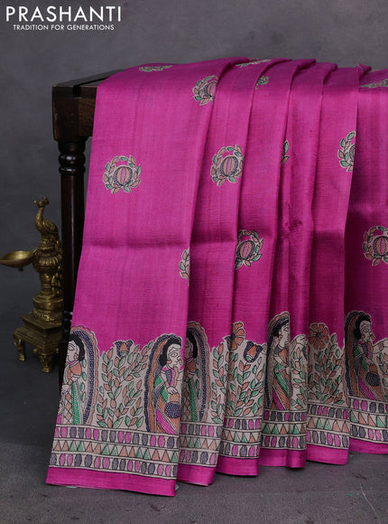 Pink & Beige Madhubani Printed Silk Saree