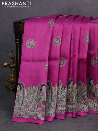 Pink & Beige Madhubani Printed Silk Saree