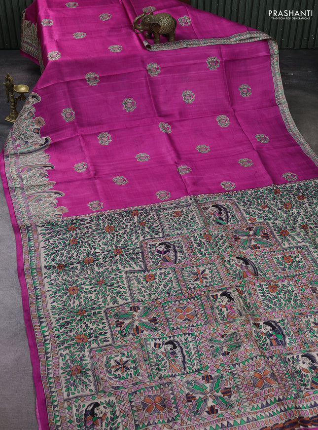 Pink & Beige Madhubani Printed Silk Saree