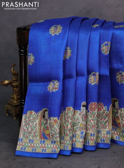Blue & Beige Madhubani Printed Silk Saree
