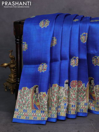 Blue & Beige Madhubani Printed Silk Saree