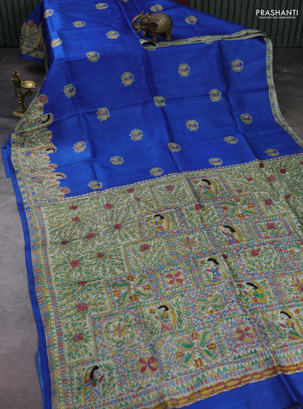 Blue & Beige Madhubani Printed Silk Saree