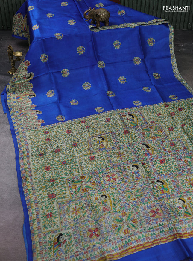 Blue & Beige Madhubani Printed Silk Saree