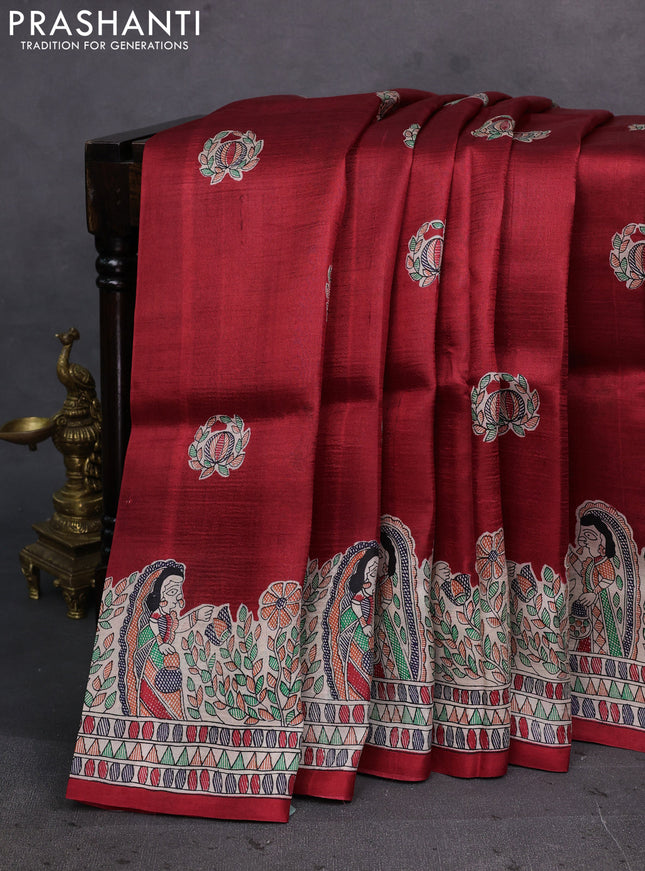 Red & Beige Madhubani Printed Silk Saree