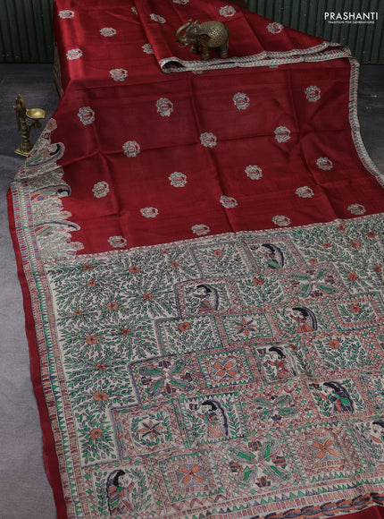 Red & Beige Madhubani Printed Silk Saree