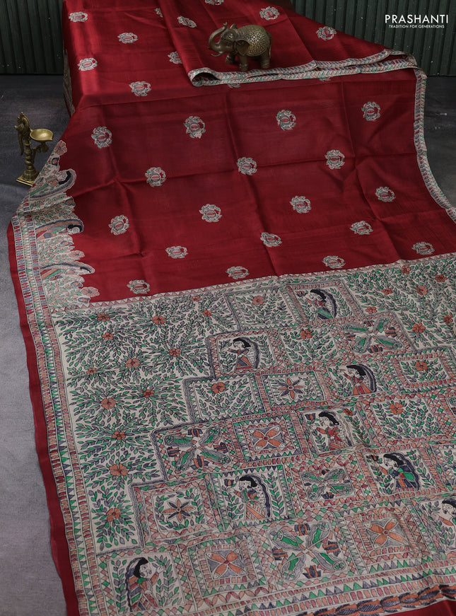 Red & Beige Madhubani Printed Silk Saree