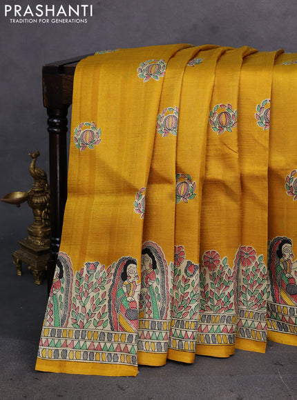 Mustard Yellow & Beige Madhubani Printed Silk Saree