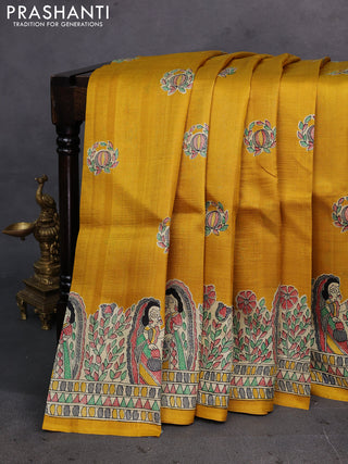 Mustard Yellow & Beige Madhubani Printed Silk Saree