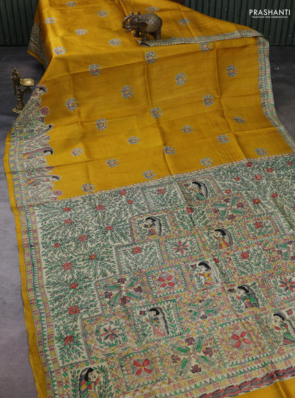 Mustard Yellow & Beige Madhubani Printed Silk Saree