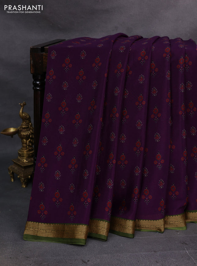 Purple & Sap Green Pure Mysore Silk - Digital Prints