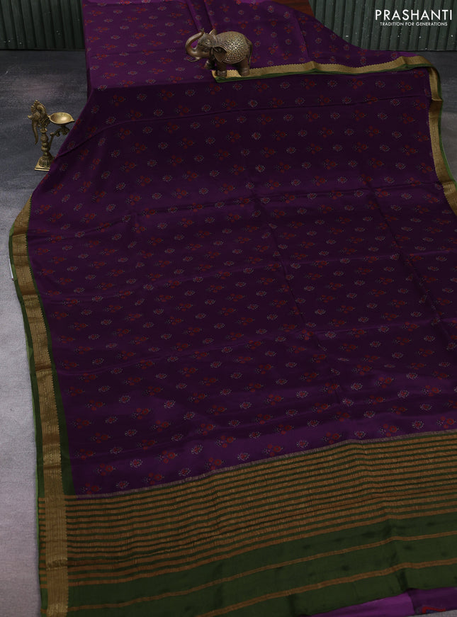 Purple & Sap Green Pure Mysore Silk - Digital Prints
