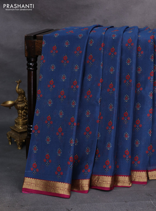Blue & Maroon Pure Mysore Silk - Digital Prints