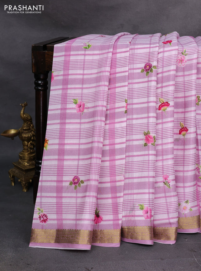 Off White & Lavender Pure Mysore Silk - Digital Prints