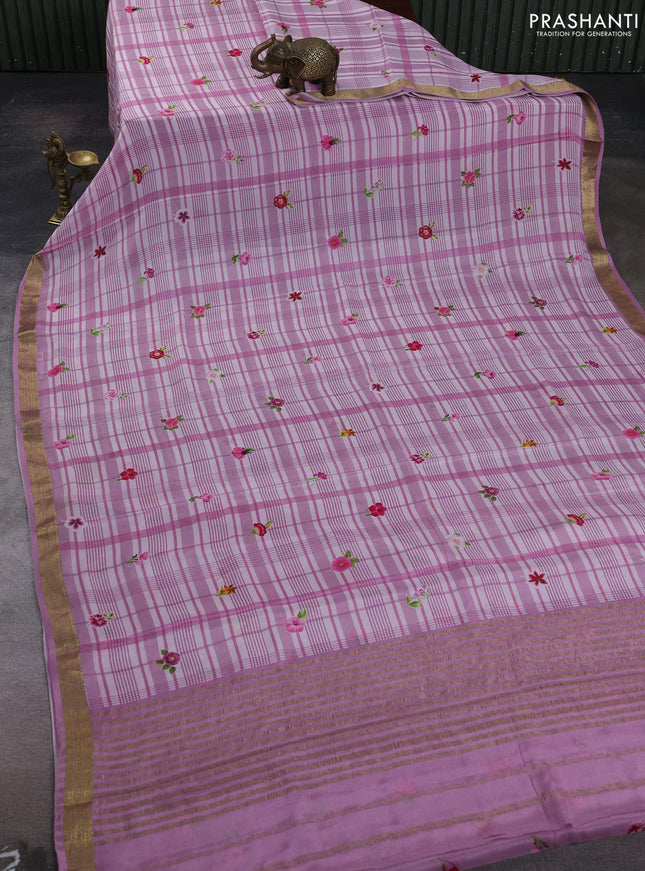 Off White & Lavender Pure Mysore Silk - Digital Prints