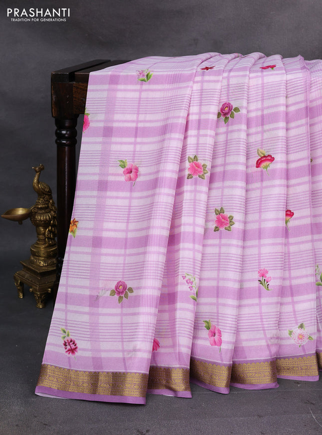 Off White & Lavender Pure Mysore Silk - Digital Prints